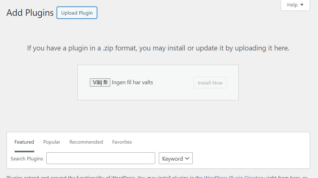 Screenshot of the upload plugin screen.